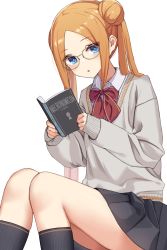 Rule 34 | 1girl, abigail williams (fate), absurdres, alternate costume, blonde hair, blouse, blue eyes, blush, book, bow, bowtie, breasts, collared shirt, contemporary, double bun, dress shirt, fate/grand order, fate (series), forehead, glasses, grey skirt, grey socks, hair bun, highres, kneehighs, kopaka (karda nui), long hair, looking at viewer, open book, open mouth, parted bangs, shirt, sitting, skirt, small breasts, socks, solo, sweater, thighs, twintails, white shirt, white sweater