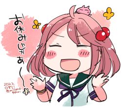 Rule 34 | 1girl, animal, animal on head, blue sailor collar, blush stickers, chibi, commentary request, dated, facing viewer, hair bobbles, hair ornament, izumiyamisono, jewelry, kantai collection, no nose, on head, pink hair, rabbit, rabbit on head, ring, sailor collar, sazanami (kancolle), school uniform, serafuku, short hair, solo, translation request, twintails, twitter username, upper body, wedding ring, white background