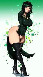 Rule 34 | 1girl, absurdres, anguriask, ass, bob cut, boots, breasts, collar, curvy, dress, embarrassed, female focus, fubuki (one-punch man), full body, green eyes, hands on own hips, high heel boots, high heels, highres, huge ass, large breasts, looking at viewer, one-punch man, ornament, revealing clothes, short hair, solo, standing, thick thighs, thighhighs, thighs