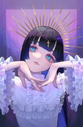 Rule 34 | 1girl, black hair, blue eyes, commission, cross, dress, eyelashes, frilled dress, frilled sleeves, frills, hands up, head chain, head tilt, highres, hime cut, interlocked fingers, jewelry, long hair, looking up, nelta rene, original, own hands together, purple background, skeb commission, solo, upper body, white dress, wide sleeves