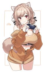 Rule 34 | 1girl, animal ears, black bow, bone print, bow, braid, breasts, brown hair, brown shorts, brown sports bra, cleavage, commentary, controller, cropped legs, dog ears, dog tail, furen e lustario, furen e lustario (5th costume), game controller, hair bow, hands up, highres, holding, holding controller, holding game controller, jacket, large breasts, long hair, looking at viewer, nijisanji, paw print, red eyes, shorts, simple background, smile, solo, sports bra, symbol-only commentary, tail, tooru (jux), very low bun, virtual youtuber, white background