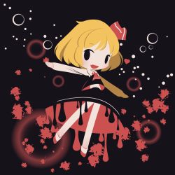 Rule 34 | 1girl, :d, black background, black shirt, black skirt, blonde hair, bow, chibi, cobalta, dripping, fang, hair bow, long sleeves, one side up, open mouth, outstretched arms, red neckwear, rumia, shirt, short hair, skirt, smile, solid oval eyes, touhou, white shirt
