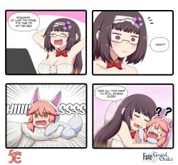 Rule 34 | 2girls, ?, ??, angry, animal costume, breasts, brown hair, cleavage, closed eyes, collarbone, cosplay, emphasis lines, english text, engrish text, fangs, fate/grand order, fate (series), fou (fate), fou (fate) (cosplay), fox girl, glasses, gradient hair, highres, hood, hood up, keita naruzawa, large breasts, long hair, mini person, minigirl, multicolored hair, multiple girls, open mouth, osakabehime (fate), pink hair, purple eyes, ranguage, speech bubble, surprised, tamamo (fate), tamamo cat (fate), tears, very long hair, yellow eyes