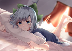 Rule 34 | 1girl, barefoot, bed sheet, bedroom, blue dress, blue eyes, blue hair, blush, bow, cirno, closed mouth, commentary request, curtains, day, dress, dutch angle, green bow, hair bow, ice, ice wings, indoors, kuromame (8gou), legs up, looking at viewer, lying, on bed, on stomach, pillow, short hair, short sleeves, smile, solo, sunlight, the pose, touhou, transparent wings, window, wings