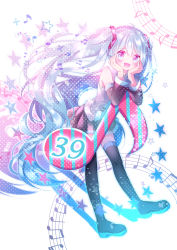 Rule 34 | 1girl, 39, absurdly long hair, absurdres, aqua eyes, aqua hair, aqua necktie, artist name, artist request, bare shoulders, black footwear, black skirt, black sleeves, black thighhighs, blue eyes, blue hair, blue necktie, blush, boots, breasts, collared shirt, detached sleeves, female focus, full body, hair between eyes, hair ornament, hands on face, hands on own chest, hatsune miku, headphones, headset, highres, long hair, long sleeves, looking at viewer, musical note, necktie, parted lips, pleated skirt, sdmenjhmms6vfx3, shirt, skirt, sleeveless, sleeveless shirt, sleeves past fingers, sleeves past wrists, small breasts, solo, star (symbol), thigh boots, thigh gap, thighhighs, twintails, very long hair, vocaloid, white background, white shirt