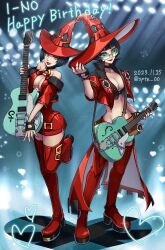 Rule 34 | 2girls, absurdres, black choker, boots, breasts, choker, cleavage, duesenberg starplayer, electric guitar, fingerless gloves, gloves, guilty gear, guilty gear strive, guitar, happy birthday, hat, highres, i-no, instrument, large breasts, large hat, midriff, mole, mole above mouth, multiple girls, red footwear, red headwear, red leather, red lips, sptn 00, thigh boots, twitter username, venus symbol, witch hat