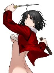Rule 34 | 1girl, ass, black hair, bottomless, breasts, butt crack, dimples of venus, egomeshi, fighting stance, fur trim, grey eyes, highres, holding, holding weapon, jacket, kara no kyoukai, knife, looking at viewer, medium breasts, medium hair, red jacket, ryougi shiki, sarashi, solo, underboob, weapon, white background