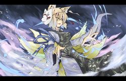 Rule 34 | 1girl, alternate costume, animal ears, blonde hair, female focus, fingernails, fox ears, fox mask, fox tail, irue, letterboxed, mask, multiple tails, open mouth, ribbon, short hair, solo, tail, touhou, yakumo ran, yellow eyes
