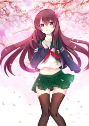 Rule 34 | 10s, 1girl, black thighhighs, blush, brown hair, brown thighhighs, cherry blossoms, crescent, crescent pin, fm, green skirt, hair between eyes, hair ornament, highres, jacket, kantai collection, kisaragi (kancolle), kisaragi kai ni (kancolle), long hair, long sleeves, looking at viewer, midriff, navel, petals, pleated skirt, purple eyes, school uniform, serafuku, skirt, smile, solo, thighhighs, wind, zettai ryouiki