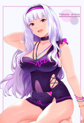 Rule 34 | 1girl, :d, arm behind head, bare shoulders, bracelet, breasts, character name, cleavage, covered navel, grey hair, hairband, hanamasa ono, highres, idolmaster, idolmaster (classic), jewelry, large breasts, long hair, looking at viewer, open mouth, purple eyes, see-through, shijou takane, simple background, smile, solo, swimsuit