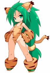 Rule 34 | &gt;:), 1girl, animal ears, animal hands, bare shoulders, breasts, cat ears, cham cham, closed mouth, fang, fang out, full body, gloves, gluteal fold, green eyes, green hair, hair ornament, hands on own hips, karukan (monjya), legs apart, long hair, looking at viewer, low-tied long hair, no panties, orb, parted bangs, paw gloves, paw shoes, samurai spirits, shoes, simple background, sleeveless, slit pupils, small breasts, smile, solo, standing, tail, tiger stripes, v-shaped eyebrows, very long hair, white background