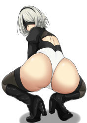 Rule 34 | 1girl, 2b (nier:automata), absurdres, android, ass, black hairband, blindfold, boots, from behind, hairband, high heel boots, high heels, highres, huge ass, leotard, looking back, nier:automata, nier (series), shiny skin, short hair, silver hair, solo, squatting, thigh boots, thighhighs, thong leotard, yulia