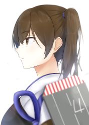 Rule 34 | 1girl, absurdres, brown eyes, brown hair, from side, highres, japanese clothes, kaga (kancolle), kantai collection, long hair, looking at viewer, muneate, shi (yuzuki), side ponytail, simple background, tasuki, upper body, white background
