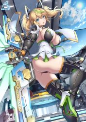 Rule 34 | 1girl, aqua eyes, artist name, ass, bakuchiku, black footwear, black gloves, black panties, blonde hair, blue sky, boots, breasts, cloud, cloudy sky, commentary, dress, elbow gloves, english commentary, frilled dress, frills, gene (pso2), gloves, green hair, grey dress, headgear, high heel boots, high heels, highres, holding, holding weapon, large breasts, leg up, looking at viewer, mechanical boots, mechanical gloves, medium hair, microdress, multicolored hair, open mouth, panties, phantasy star, phantasy star online 2, signature, sky, solo, standing, standing on one leg, streaked hair, sun, thigh boots, thighhighs, thong, twintails, twitter username, underwear, weapon