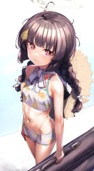 Rule 34 | 1girl, absurdres, bag, bikini, black hair, blue archive, breasts, halo, highres, hudeako, looking at viewer, low-braided long hair, low-tied long hair, miyu (blue archive), miyu (swimsuit) (blue archive), navel, red eyes, simple background, small breasts, solo, swimsuit, twintails, white background