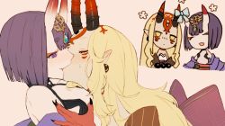 Rule 34 | 2girls, bare shoulders, blonde hair, blue gemstone, blush, bob cut, bow, chibi, chibi inset, closed eyes, closed mouth, commentary request, couple, ear blush, earrings, facial mark, fang, fate/grand order, fate (series), female focus, fingernails, flat color, gem, headpiece, horns, ibaraki douji (fate), japanese clothes, jewelry, jitome, kibadori rue, kiss, long hair, looking at another, makeup, mascara, multiple girls, obi, off shoulder, oni, open mouth, pink background, pointy ears, purple eyes, purple hair, revealing clothes, sash, sharp fingernails, short hair, shuten douji (fate), sidelocks, simple background, skin-covered horns, smile, sweatdrop, thick eyebrows, upper body, white bow, yuri