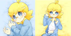 Rule 34 | 1boy, ahoge, akasaka (qv92612), bed sheet, blonde hair, blush, bright pupils, clemont (pokemon), closed mouth, collarbone, commentary request, creatures (company), game freak, glasses, grey eyes, jumpsuit, long sleeves, lying, male focus, multiple views, navel, nintendo, on back, open jumpsuit, pokemon, pokemon xy, shirt, smile, split mouth, white pupils, white shirt