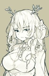 Rule 34 | 1girl, antlers, breasts, ceres fauna, disgust, flower, hair flower, hair ornament, hololive, hololive english, horns, large breasts, leaves, mole, mole under eye, monochrome, sketch, tentopus, virtual youtuber, wavy hair