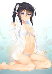 Rule 34 | 1girl, 47agdragon, bare legs, barefoot, black hair, blush, bra, breasts, collarbone, commentary request, dress shirt, floral background, hair between eyes, hair ribbon, hand up, highres, long sleeves, looking at viewer, medium hair, navel, open clothes, open shirt, original, panties, purple eyes, ribbon, shirt, side-tie panties, side ponytail, sidelocks, sitting, small breasts, solo, underwear, white bra, white panties, white shirt, yokozuwari