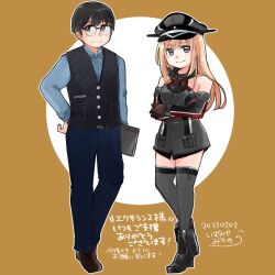 Rule 34 | 1boy, 1girl, admiral (kancolle), bismarck (kancolle), black footwear, black hair, black vest, blonde hair, blue shirt, breasts, brown footwear, brown gloves, closed mouth, commission, crossed arms, dated, detached sleeves, full body, glasses, gloves, hand on own hip, hat, highres, izumiyamisono, kantai collection, long hair, looking at viewer, medium breasts, military uniform, pants, peaked cap, second-party source, shirt, simple background, skeb commission, thighhighs, two-tone background, uniform, vest