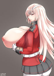 Rule 34 | 1girl, artist request, ass, bandages, blonde hair, breasts, breasts out, cleavage, fate/grand order, fate (series), florence nightingale (fate), gigantic breasts, gloves, long hair, looking at viewer, nipples, puffy nipples, red eyes, silver hair, sitting, skirt, solo, uniform