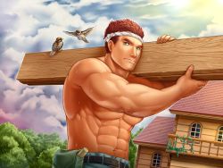 Rule 34 | 1boy, abs, bad id, bad pixiv id, bara, belt, bird, black belt, brown hair, bulge, carrying over shoulder, clothes down, cloud, cloudy sky, flying, hachimaki, headband, house, large pectorals, male focus, muscular, muscular male, navel, original, overalls, pectorals, saolin (wudangx), seat, short hair, sideburns, sky, solo, stomach, topless male, tree