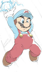 Rule 34 | 1boy, arm up, blue eyes, facial hair, frown, full body, gloves, hat, ice, ice mario, jumping, mario, mario (series), mustache, new super mario bros. wii, nintendo, overalls, power-up, solo, ya mari 6363
