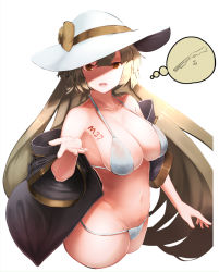 Rule 34 | 1girl, armpits, bad id, bad pixiv id, bare legs, bare shoulders, bikini, body writing, breasts, brown hair, cleavage, collarbone, cropped legs, from side, girls&#039; frontline, gun, hand out, hat, highres, holding, ithaca m37, jacket, large breasts, long hair, looking at viewer, m37 (girls&#039; frontline), m37 (summer parader) (girls&#039; frontline), navel, official alternate costume, open clothes, open jacket, open mouth, orange eyes, pairleaf, pump action, reaching, reaching towards viewer, shaded face, shell casing, shotgun, sidelocks, simple background, solo, standing, stomach, sun hat, swimsuit, thighs, thought bubble, very long hair, weapon, white background, white bikini, white hat