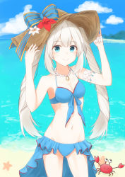 Rule 34 | beach, bikini, blue eyes, blush, fate/grand order, fate (series), grey hair, hat, highres, jewelry, long hair, marie antoinette (fate), necklace, sky, smile, swimsuit, twintails
