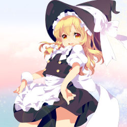Rule 34 | 1girl, apron, bad id, bad pixiv id, blonde hair, bow, braid, female focus, hair bow, hat, hat bow, kirisame marisa, long hair, mhz, open mouth, puffy sleeves, short sleeves, side braid, single braid, solo, standing, touhou, witch hat, wrist cuffs, yellow eyes