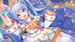 Rule 34 | 1girl, absurdres, animal ears, blue hair, breasts, capelet, cleavage cutout, clothing cutout, confetti, couch, earrings, flower, fur capelet, hair flower, hair ornament, hands up, highres, hikimayu, hololive, jewelry, light blue hair, long hair, long sleeves, on couch, open mouth, pom pom (clothes), pom pom earrings, rabbit ears, reclining, red eyes, saekiyahiro, sash, small breasts, solo, tassel, teeth, thighhighs, tiara, twintails, upper teeth only, usada pekora, usada pekora (pekoland princess), virtual youtuber, white thighhighs