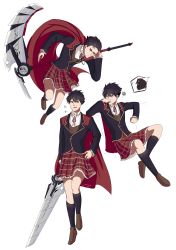 Rule 34 | 1boy, aged down, annoyed, artist name, black hair, black socks, cape, chaotichero, crossdressing, highres, kneehighs, looking to the side, male focus, multiple views, open mouth, plaid, plaid skirt, pleated skirt, qrow branwen, red eyes, rwby, school uniform, scythe, signature, simple background, skirt, socks, spiked hair, wavy mouth, white background