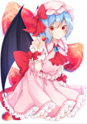 Rule 34 | 1girl, :p, arm up, ascot, bad id, bad pixiv id, bat wings, blue hair, brooch, food, frilled shirt collar, frilled skirt, frills, fruit, fruit background, hair between eyes, hat, highres, holding, holding food, holding fruit, jewelry, looking at viewer, mob cap, petticoat, pink hat, pink shirt, pink skirt, red ascot, red eyes, remilia scarlet, shirt, short hair, sitting, skirt, skirt set, smile, solanikieru, solo, strawberry, tongue, tongue out, touhou, wariza, white background, wings, wrist cuffs