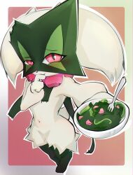 Rule 34 | 1girl, animal nose, arm up, blush, body fur, border, bowl, cat girl, covering own mouth, creatures (company), female focus, flat chest, food, fork, from above, full body, furry, furry female, game freak, green fur, green hair, grey border, hand up, happy, holding, holding bowl, holding food, incoming food, legs together, light blush, looking at viewer, meowscarada, navel, nintendo, noconcession, outline, outside border, outstretched arm, pokemon, pokemon (creature), raised eyebrow, red background, red eyes, salad, short hair, short tail, simple background, smile, solo, standing, stomach, tail, two-tone fur, uneven eyes, white outline