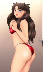 Rule 34 | 1girl, absurdres, ass, bare arms, bare legs, bare shoulders, bikini, black ribbon, blush, breasts, brown hair, cowboy shot, embarrassed, fate/stay night, fate (series), from behind, green eyes, hair ribbon, highres, indoors, legs, long hair, looking at viewer, open mouth, red bikini, ribbon, shiny skin, sideboob, small breasts, solo, standing, swimsuit, thighs, tohsaka rin, twintails, yadokari genpachirou