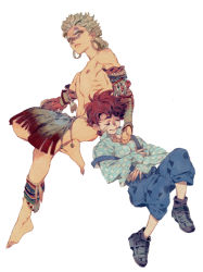 Rule 34 | 2boys, aged down, anklet, armlet, bad id, bad pixiv id, barefoot, blonde hair, brown hair, child, dima, earrings, facial mark, feathers, highres, hoop earrings, jewelry, jojo no kimyou na bouken, joseph joestar, joseph joestar (young), multiple boys, overalls, shoes, simple background, sleeping, sneakers, tattoo, time paradox, vambraces, wamuu, white background