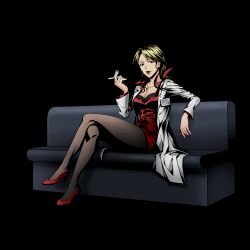 Rule 34 | 10s, 1girl, alpha transparency, black pantyhose, blonde hair, breasts, brown eyes, cigarette, cleavage, crossed legs, divine gate, full body, high heels, highres, holding, karanomori shion, laboratory, lipstick, long hair, looking at viewer, makeup, medium breasts, official art, pantyhose, psycho-pass, red footwear, red lips, red shirt, red skirt, shirt, shoes, sitting, skirt, smoking, solo, transparent background, ucmm
