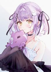 Rule 34 | 1girl, black choker, black jacket, black ribbon, blush, choker, commentary, ghost hair ornament, hair ribbon, highres, holding, holding stuffed toy, jacket, long sleeves, looking at viewer, parted lips, purple hair, ribbon, shia job, shinomiya runa, shirt, short hair, simple background, sleeves past fingers, sleeves past wrists, solo, stuffed animal, stuffed toy, symbol-only commentary, two side up, upper body, virtual youtuber, vspo!, white background, white shirt, yellow eyes