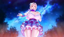 Rule 34 | 1girl, blonde hair, breasts, cleavage, curvy, hand on own chest, highres, huge breasts, idol, last origin, looking at viewer, muse (last origin), music, open mouth, red eyes, singing, solo, taesi, thighs, wide hips