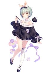 Rule 34 | 1girl, animal ear fluff, animal ears, bare shoulders, black bow, black dress, black footwear, blush, bow, closed mouth, commentary request, dress, floral background, frilled thighhighs, frills, full body, garter straps, green hair, hair bow, holding, holding stylus, long sleeves, looking at viewer, off-shoulder dress, off shoulder, original, puffy long sleeves, puffy sleeves, rabbit ears, shoes, short hair, simple background, single thighhigh, sleeves past wrists, solo, stylus, thighhighs, wasabi (sekai), white background, white thighhighs, yellow eyes