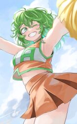 Rule 34 | 1girl, absurdres, armpits, blue sky, boku no hero academia, cheerleader, cloud, colored eyelashes, cowboy shot, crop top, day, fengling (furin-jp), green eyes, green hair, grin, hagakure tooru, highres, looking at viewer, midriff, miniskirt, one eye closed, orange skirt, outstretched arms, pom pom (cheerleading), skirt, sky, sleeveless, smile, solo, standing, thighs
