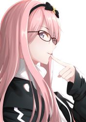 Rule 34 | 1boy, absurdres, bespectacled, black jacket, borumete, check commentary, closed mouth, commentary, commentary request, finger to mouth, from side, glasses, hairband, highres, holostars, jacket, long hair, male focus, pink hair, purple eyes, simple background, sleeves past wrists, solo, trap, tsukishita kaoru, turtleneck, upper body, virtual youtuber, white background