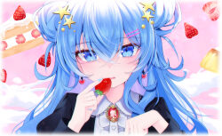 Rule 34 | 1girl, absurdres, blue eyes, blue hair, blue nails, blush, commentary, crossed bangs, double bun, earrings, food, fruit, hair between eyes, hair bun, hair ornament, hairclip, hands up, heart, heart earrings, highres, holding, holding food, hololive, hoshimachi suisei, jewelry, long hair, looking at viewer, mia (mk2022), open mouth, pink background, solo, star (symbol), strawberry, upper body, virtual youtuber