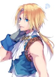 Rule 34 | 1boy, ascot, bare shoulders, blonde hair, blue eyes, blue vest, cropped vest, earrings, final fantasy, final fantasy ix, gloves, grey gloves, hand in own hair, jewelry, looking at viewer, low ponytail, male focus, nakagawa waka, parted bangs, portrait, shirt, short hair with long locks, sleeveless, sleeveless shirt, solo, toned, toned male, upper body, vest, white ascot, white background, white shirt, wrist cuffs, zidane tribal