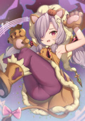 Rule 34 | 1girl, animal ears, animal hands, armpits, arms up, ass, blush, boots, bow, brown footwear, brown gloves, claws, commentary request, dress, fang, gloves, granblue fantasy, hair ornament, hair over one eye, hair ribbon, halloween, harvin, highres, jack-o&#039;-lantern, jack-o&#039;-lantern hair ornament, lion ears, lion tail, long hair, looking at viewer, low twintails, md5 mismatch, niyon (granblue fantasy), niyon (lejonskrik) (granblue fantasy), open mouth, panties, panties under pantyhose, pantyhose, pantylines, paw gloves, pink bow, pointy ears, purple eyes, purple hair, purple pantyhose, purple ribbon, resolution mismatch, ribbon, sleeveless, sleeveless dress, solo, source larger, striped ribbon, tail, tail bow, tail ornament, thighs, twintails, underwear, uneg