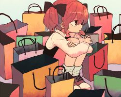 Rule 34 | 1girl, bag, black bow, black eyes, black shirt, bow, candy, cross-laced footwear, food, from side, hair bow, holding, hugging own legs, ka (marukogedago), lollipop, long sleeves, original, paper bag, parted lips, profile, red footwear, red hair, shirt, shoes, sitting, socks, solo, twintails, white socks