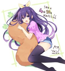 Rule 34 | 10s, 1girl, absurdres, black thighhighs, blush, date a live, denim, denim shorts, hair ribbon, highres, looking at viewer, hugging object, purple eyes, purple hair, ribbon, shorts, smile, solo, thighhighs, tsunako, yatogami tooka, yellow ribbon