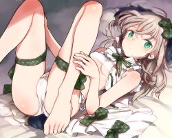 Rule 34 | 1girl, animal ears, barefoot, bird ears, bird tail, blonde hair, bow, breasts, green eyes, hair bow, heart, long hair, looking at viewer, luminous witches, neck ribbon, panties, ribbon, shimada fumikane, small breasts, smile, solo, tail, underwear, virginia robertson, world witches series