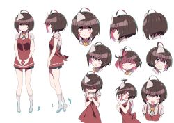 Rule 34 | 1girl, absurdres, ahoge, apron, black shorts, blank eyes, blush stickers, brown hair, closed mouth, commentary request, expressions, closed eyes, floating, ghost, highres, looking at viewer, multiple views, open mouth, original, red apron, round teeth, shirt, shorts, simple background, smile, tama (tama-s), teeth, triangular headpiece, white background, white shirt