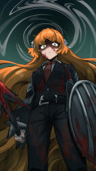 Rule 34 | absurdres, alternate eye color, belt, black coat, black pants, black vest, blood, blood on clothes, blood on face, bloody weapon, coat, collared shirt, commentary, english commentary, hair ribbon, hairband, harpoon, highres, id card, ishmael (project moon), limbus company, long hair, necktie, open clothes, open coat, orange hair, pants, project moon, red necktie, ribbon, shaded face, shield, shirt, vest, wavy hair, weapon, white shirt, yellow eyes, yuikannon